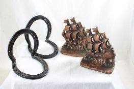 2 Pair Cast Iron Bookends - Ships - Horseshoes