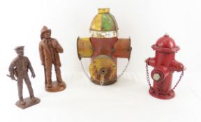2 Wood Sculptures, Fire Hydrant Bank & Decor