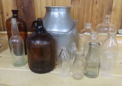 Assorted Antique Bottles & Metal Milk Can