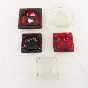 3 MCM Red and 2 Clear Glass Ashtrays