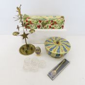 Antique dresser box, tin, Cupid candle & more