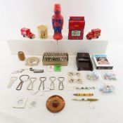 Tin trucks & bank, mug, Marbles, Pencils & more