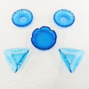 5 Bright Blue MCM Large Glass Ashtrays