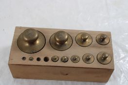 Vintage 10 Brass Scale Weights in Wood Block