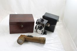 Survey Transit, Military Flashlight, Wood Lock Box