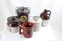 5 Stoneware Advertising Crocks, Jugs, Mug