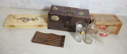 2 Doll Trunks, Pepsi Coke Glasses, Medicine Bottle