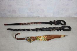 2 African Tribal Walking Sticks, Antique Umbrella
