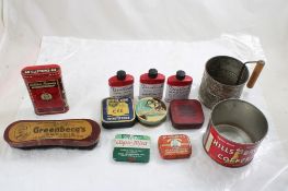Adv. Tins, Coffee Can, Flour Sifter, Clothes Brush