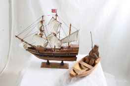 Wood Carved Sailing & Row Boat & Fisherman