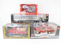 4 Die Cast Trucks, Ertl, Golden Wheel Fire Truck