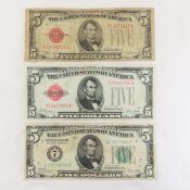 2 1928 $5 US Notes & 1 1928 $5 Fed Reserve note
