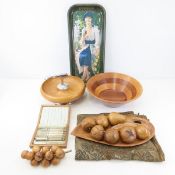 Coca Cola Tray, Wood bowls & wood fruit