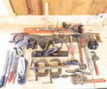 Vintage wood planes, clamps, saws, hand drill