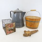Vintage Enamelware Coffee Pot, Wood Barrel