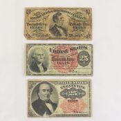 3 Different 25 Cent Fractional Currency Notes
