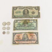Canadian notes and coins, some silver