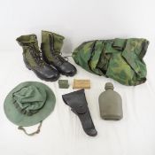 US military Vietnam era boots, holster, hat and
