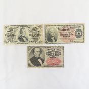 3 Different US 25 Cent Fractional Currency Notes