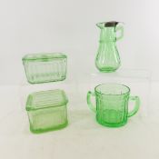 2 Green Uranium Glass Refrig. Jars, Syrup Pitcher
