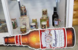 7 Assorted Budweiser Steins and Metal Sign