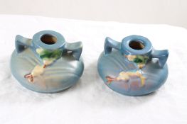 Pair Roseville Snowberry Candle Holders Blue