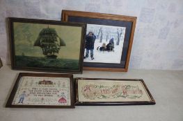 2 Framed Needle Points & 2 Framed Prints