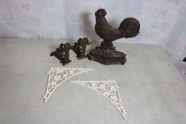 Cast Iron Rooster Door Stop & Wall Brackets