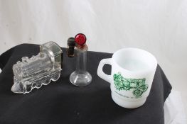 2 Figural Candy Containers, John Deere Coffee Mug