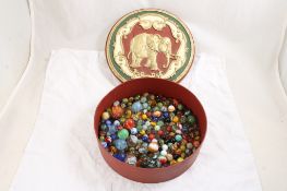 Round Container Full of Vintage Marbles w Elephant