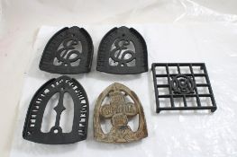 5 Cast Iron Trivets Cinderella, Enterprise, OM Co.