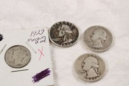 3 Washington Quarters, 1 Mercury Dime