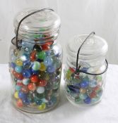 2 Fruit Jars Filled with Vintage Marbles