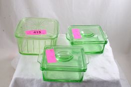 3 Uranium Glass Square Refrigerator Jars