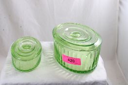 2 Uranium Glass Oval Jars w/Lids
