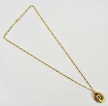 A yellow metal locket stamped 375, with central blue stone, suspended on a curb link necklace