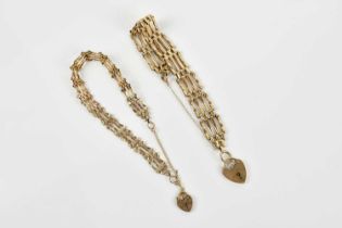 Two yellow metal gate link bracelets stamped 375 with 9ct gold padlock clasps, approximate weight