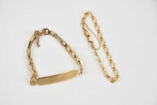 A 9ct yellow gold identity bracelet, 'Elsie', and a 9ct yellow gold fancy link bracelet, combined