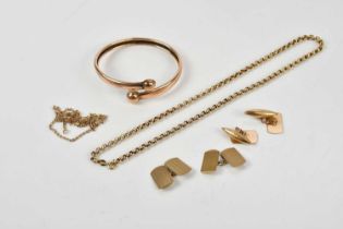 A 9ct yellow gold bangle, two pairs of yellow metal cufflinks stamped '9C', a 9ct yellow gold hoop