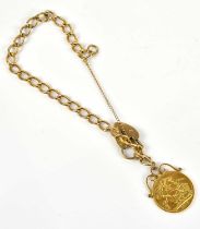 A George V full sovereign, 1912, with yellow metal mount, suspended on a 9ct gold oval link bracelet