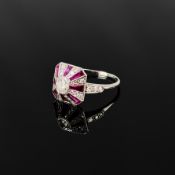 Art Deco Ring, Ringschiene 585/14k Weißgold, Ringkopf ca. 800 Silber, je getestet, Gesamtgewicht 2,