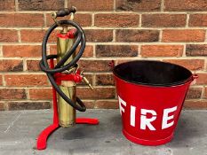 Metal Fire Bucket and Brass Pump on Stand