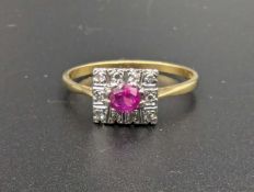 Ruby & Diamond 18ct gold square cluster ring