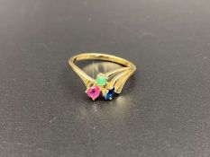 An Emerald Ruby & Sapphire 9ct gold ring