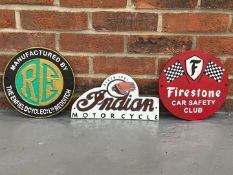 Three Cast Iron Royal Enfield, Indian and Firestone Tires Signs