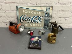 Mixed Lot Blow Torch, Coca Cola Tin Sign Etc