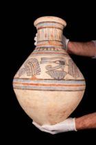 EGYPTIAN POLYCHROME POTTERY JAR WITH WEDJAT EYES AND ANKH SYMBOLS