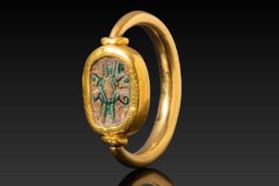 EGYPTIAN STEATITE SCARAB IN HIGH KARAT GOLD RING