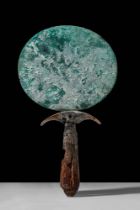 EGYPTIAN BRONZE MIRROR WITH WOODEN HANDLE