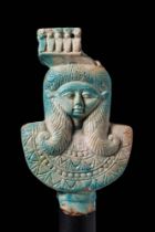 RARE EGYPTIAN TURQUOISE GLAZED FAIENCE HATHOR SISTRUM